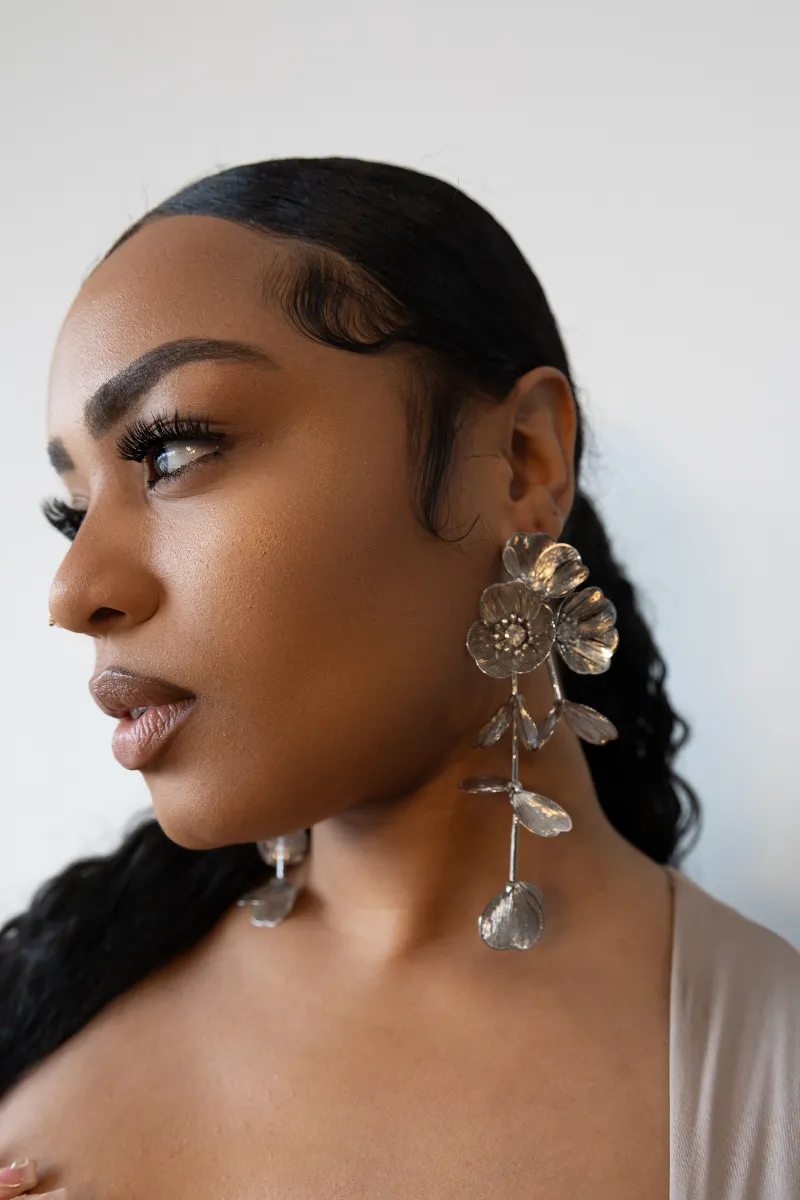Waterfall Statement Silver Flower Drop Earrings