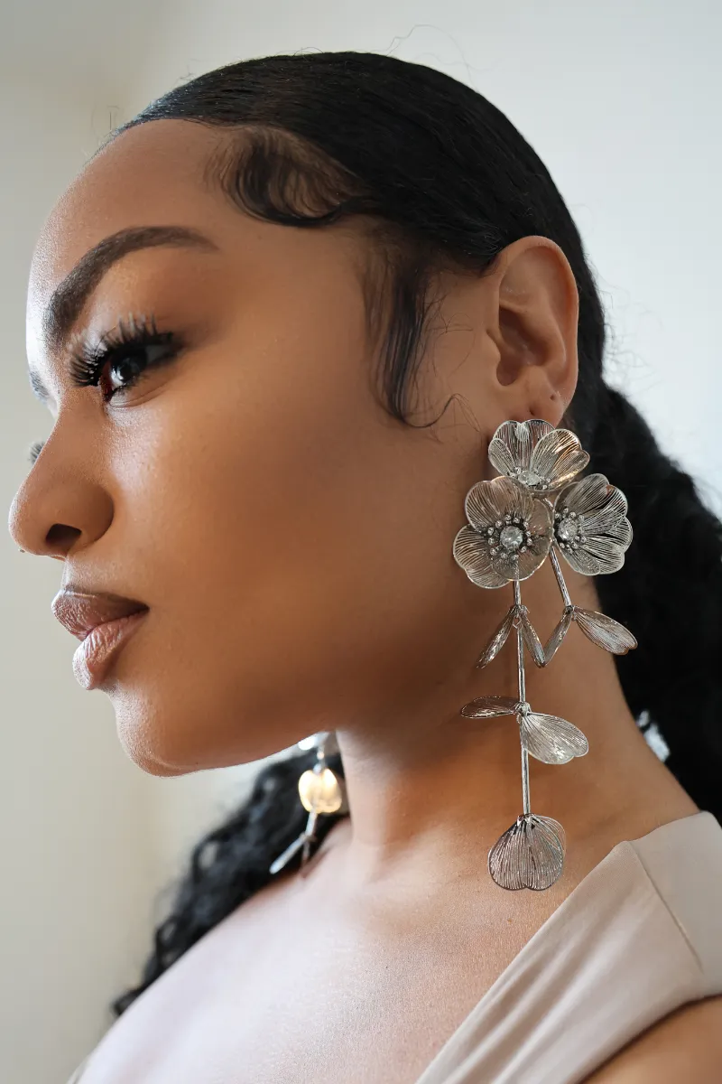 Waterfall Statement Silver Flower Drop Earrings