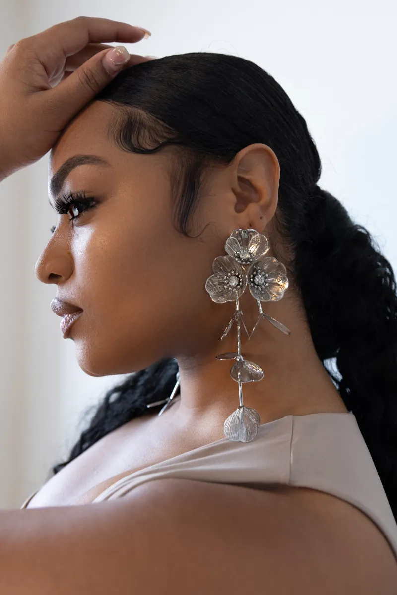 Waterfall Statement Silver Flower Drop Earrings