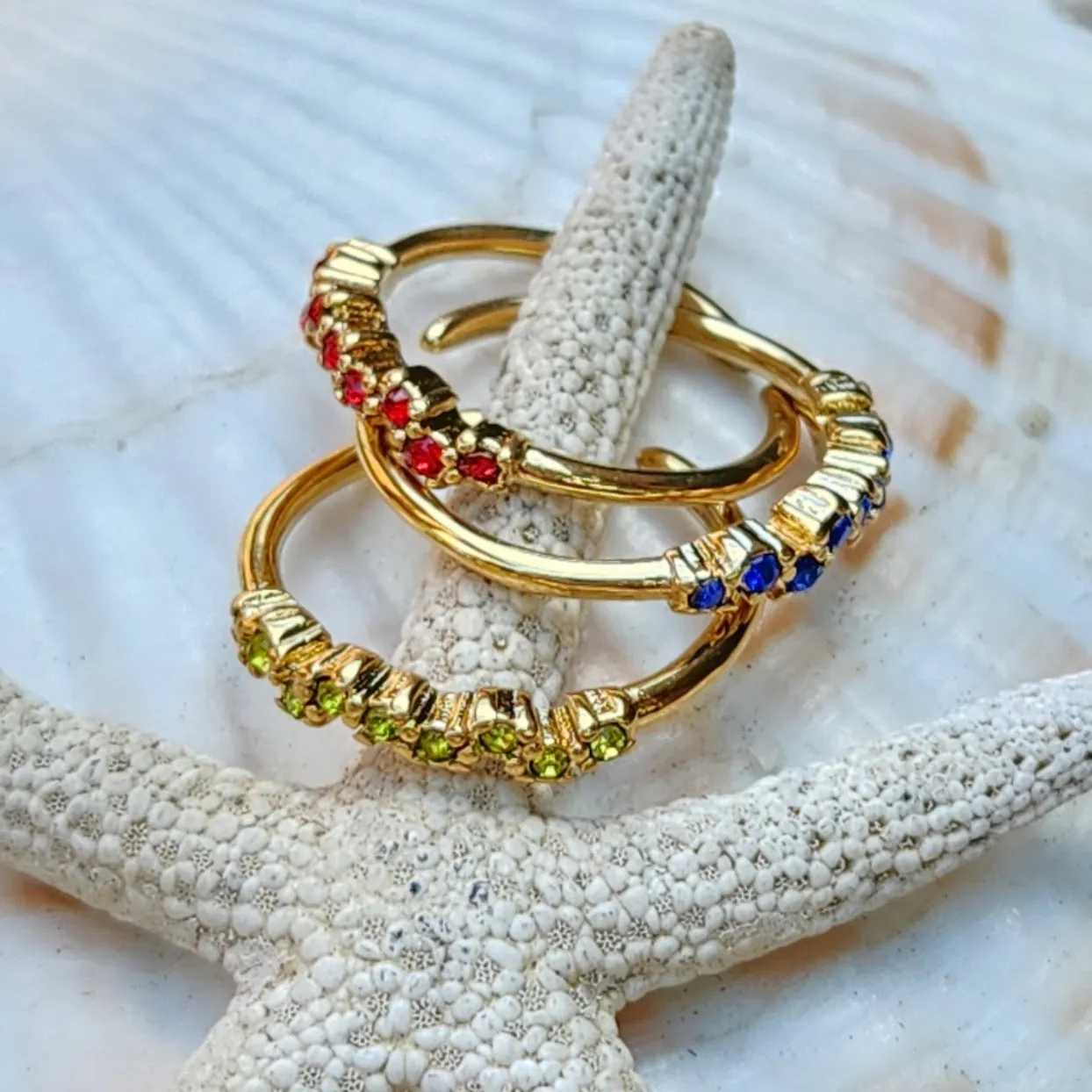 WAVES - PERIDOT / RUBY / SAPPHIRE / AQUAMARINE / CITRINE & AMETHYST 18K RINGS - ADJUSTABLE WATERPROOF