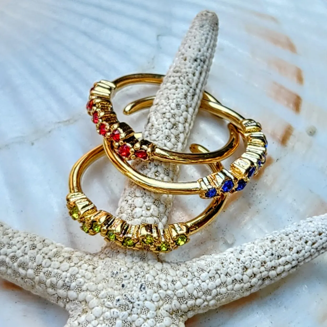 WAVES - PERIDOT / RUBY / SAPPHIRE / AQUAMARINE / CITRINE & AMETHYST 18K RINGS - ADJUSTABLE WATERPROOF