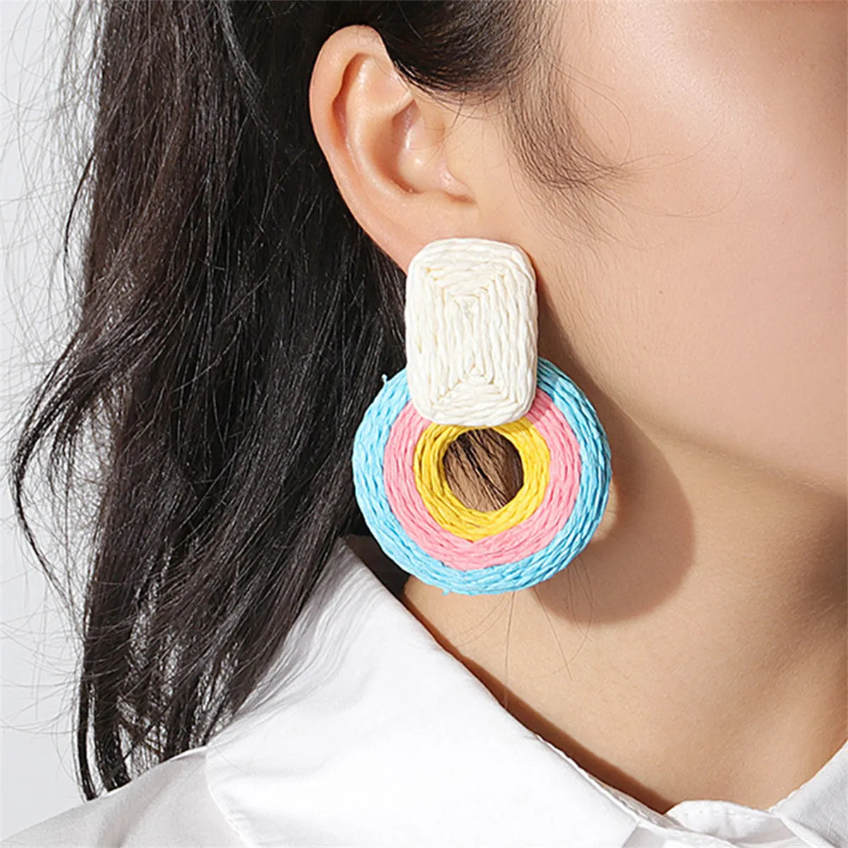 White & Blue Raffia Geo Drop Earrings