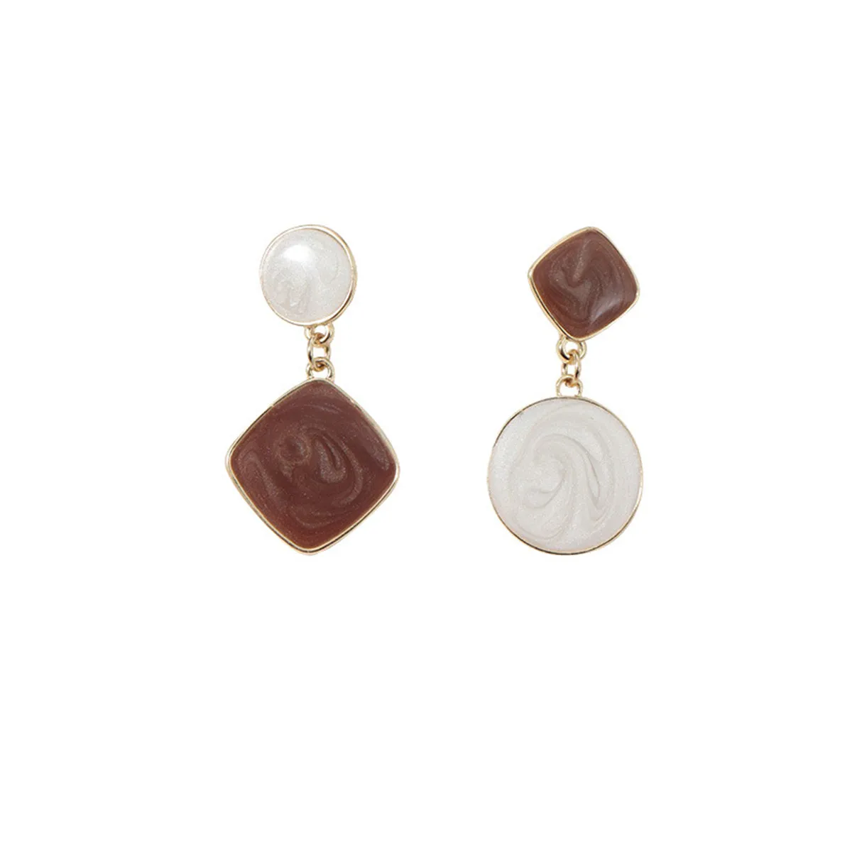 White & Brown Geometric Mismatched Drop Earrings