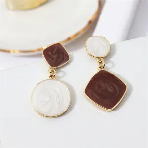 White & Brown Geometric Mismatched Drop Earrings