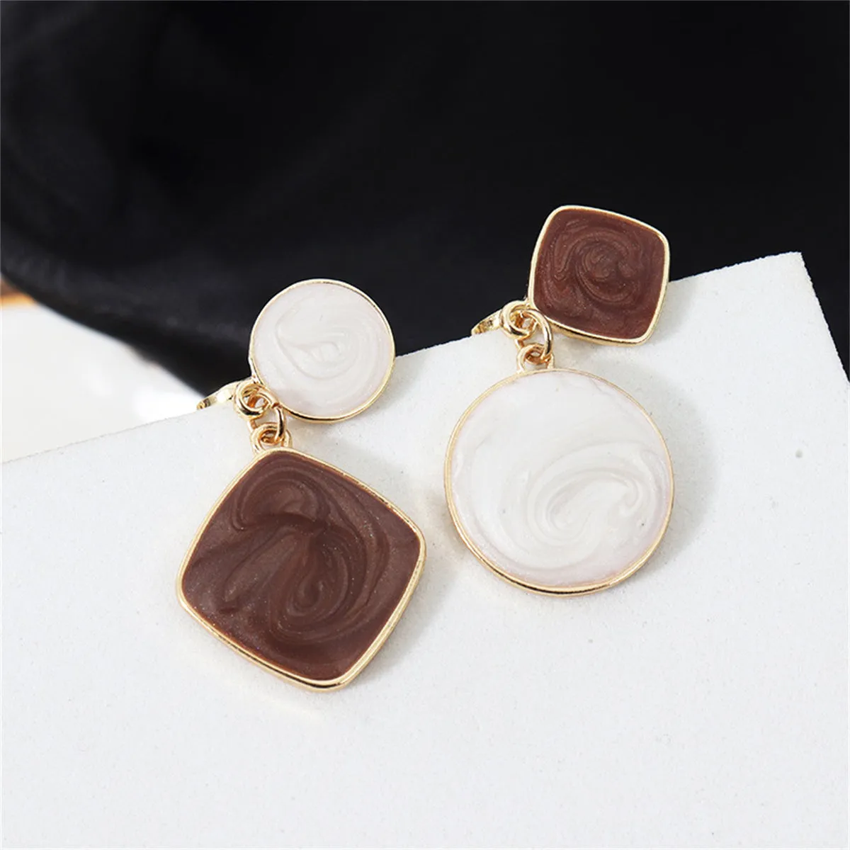 White & Brown Geometric Mismatched Drop Earrings