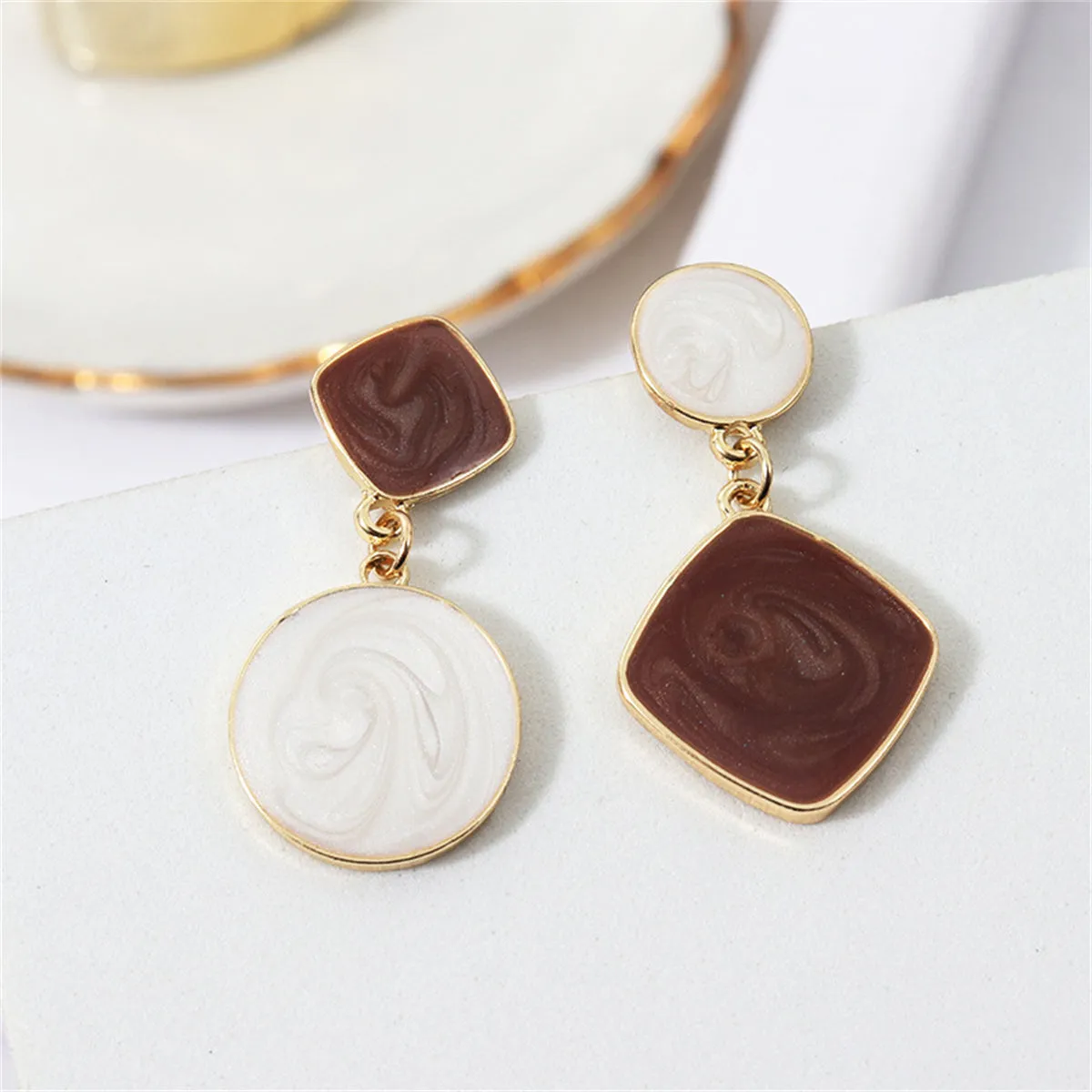 White & Brown Geometric Mismatched Drop Earrings