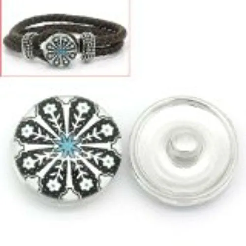 White and Black Flower Design Glass Chunk Charm Button Fits Chunk Bracelet 18mm