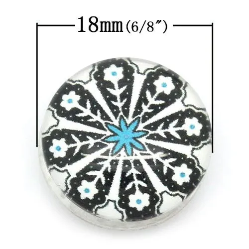 White and Black Flower Design Glass Chunk Charm Button Fits Chunk Bracelet 18mm