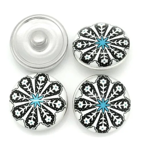 White and Black Flower Design Glass Chunk Charm Button Fits Chunk Bracelet 18mm