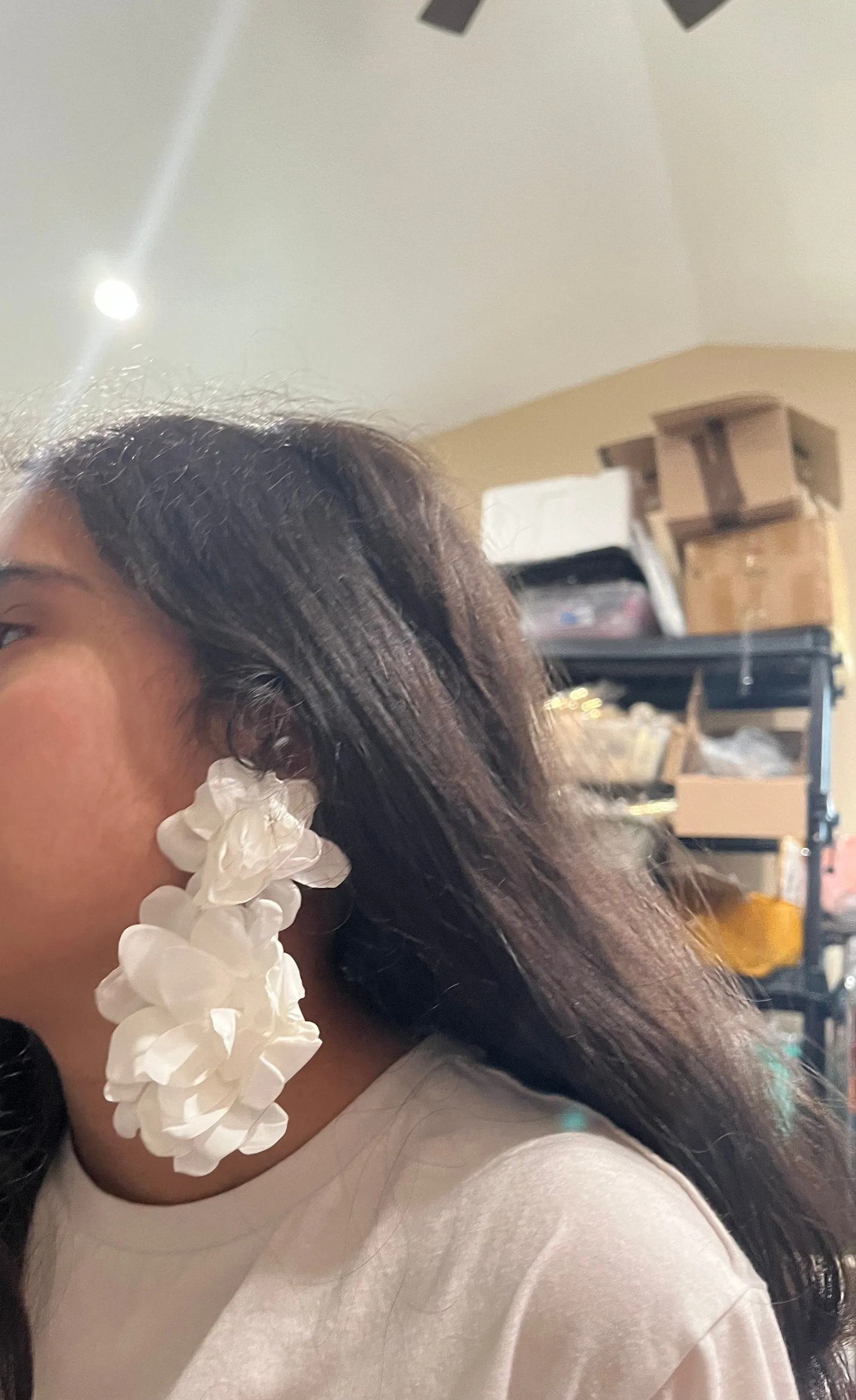 White flower earrings , huge white feathered earrings , large Snow White earrings , white earrings , big long white earrings fabric floral