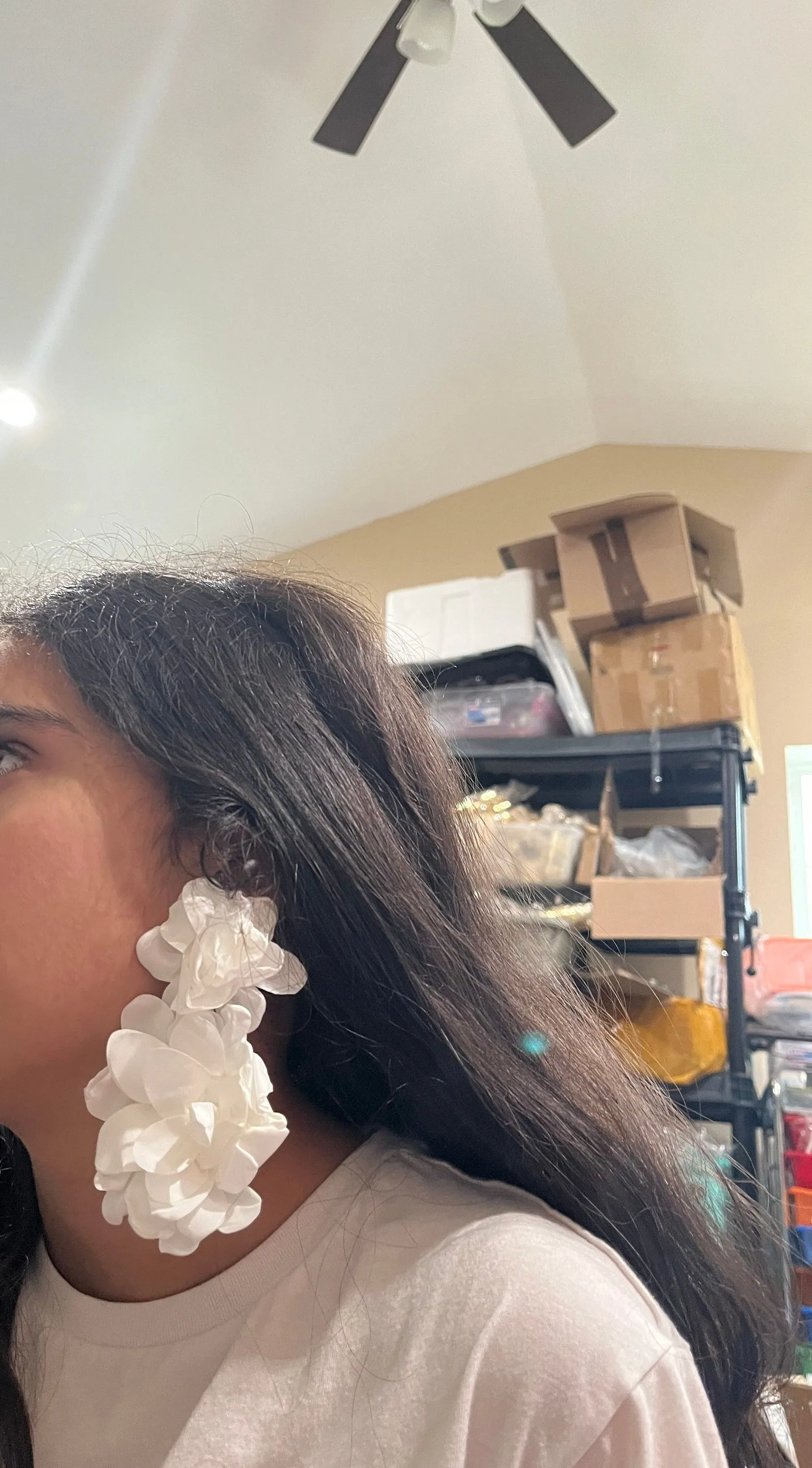 White flower earrings , huge white feathered earrings , large Snow White earrings , white earrings , big long white earrings fabric floral