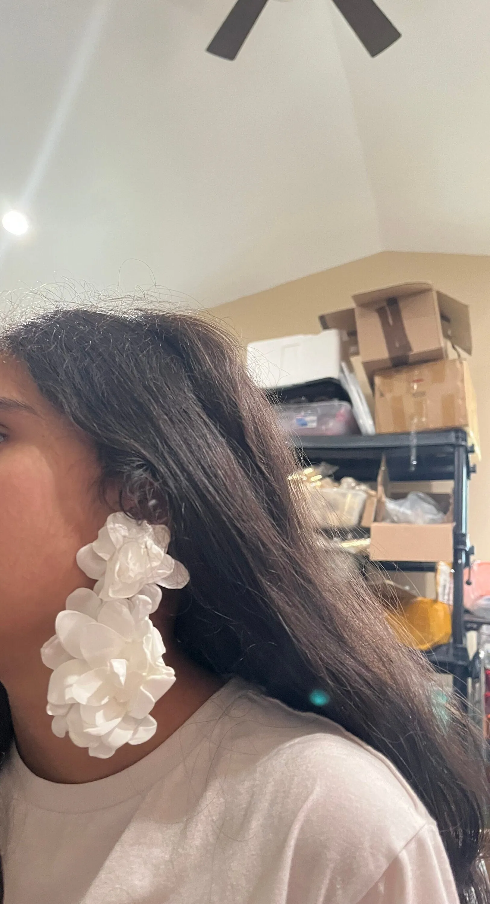 White flower earrings , huge white feathered earrings , large Snow White earrings , white earrings , big long white earrings fabric floral