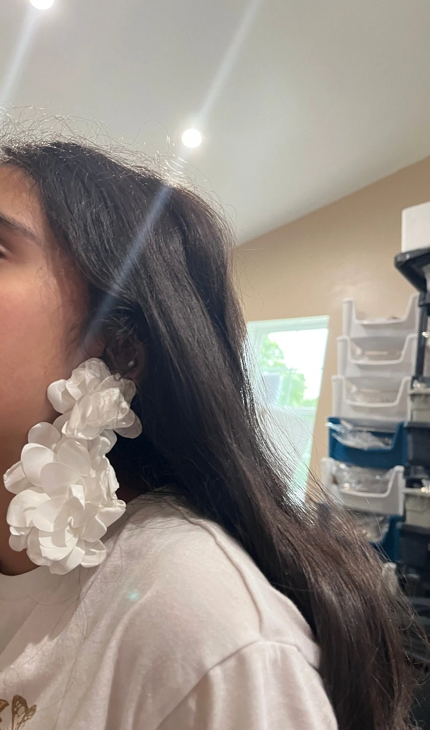 White flower earrings , huge white feathered earrings , large Snow White earrings , white earrings , big long white earrings fabric floral