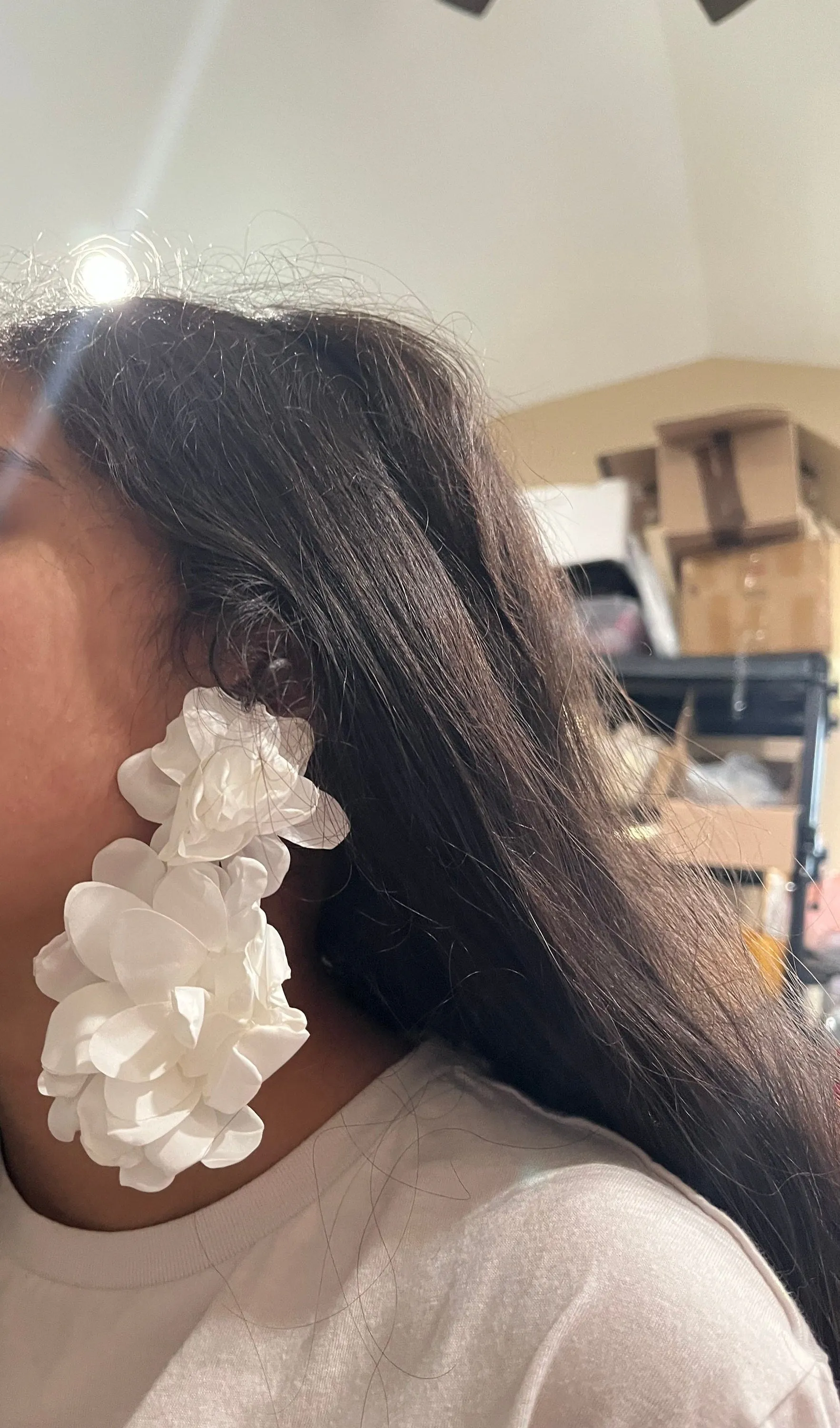 White flower earrings , huge white feathered earrings , large Snow White earrings , white earrings , big long white earrings fabric floral