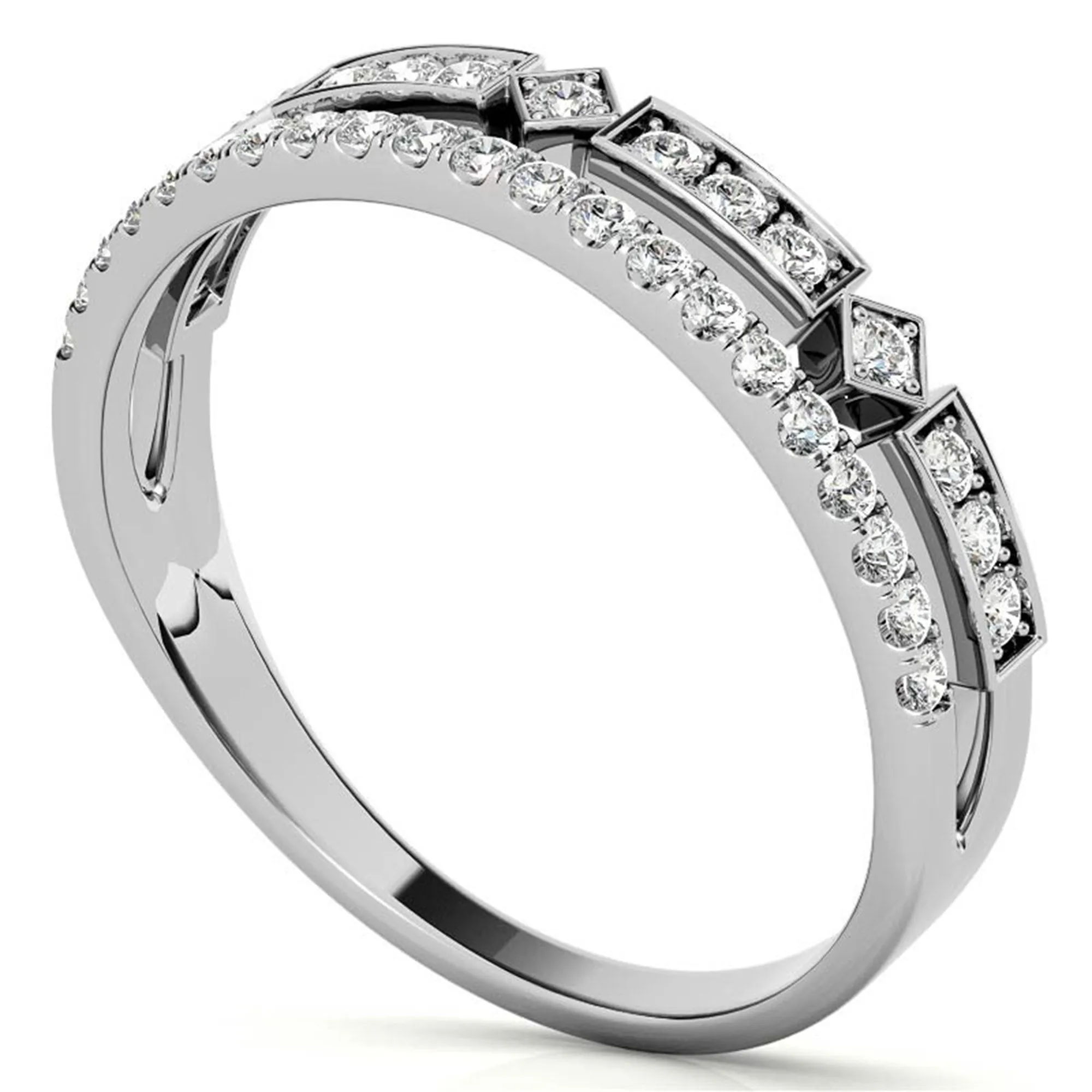 White Gold Silver Double Layered Adjustable Bezel-Set Geometric Ring For Woman