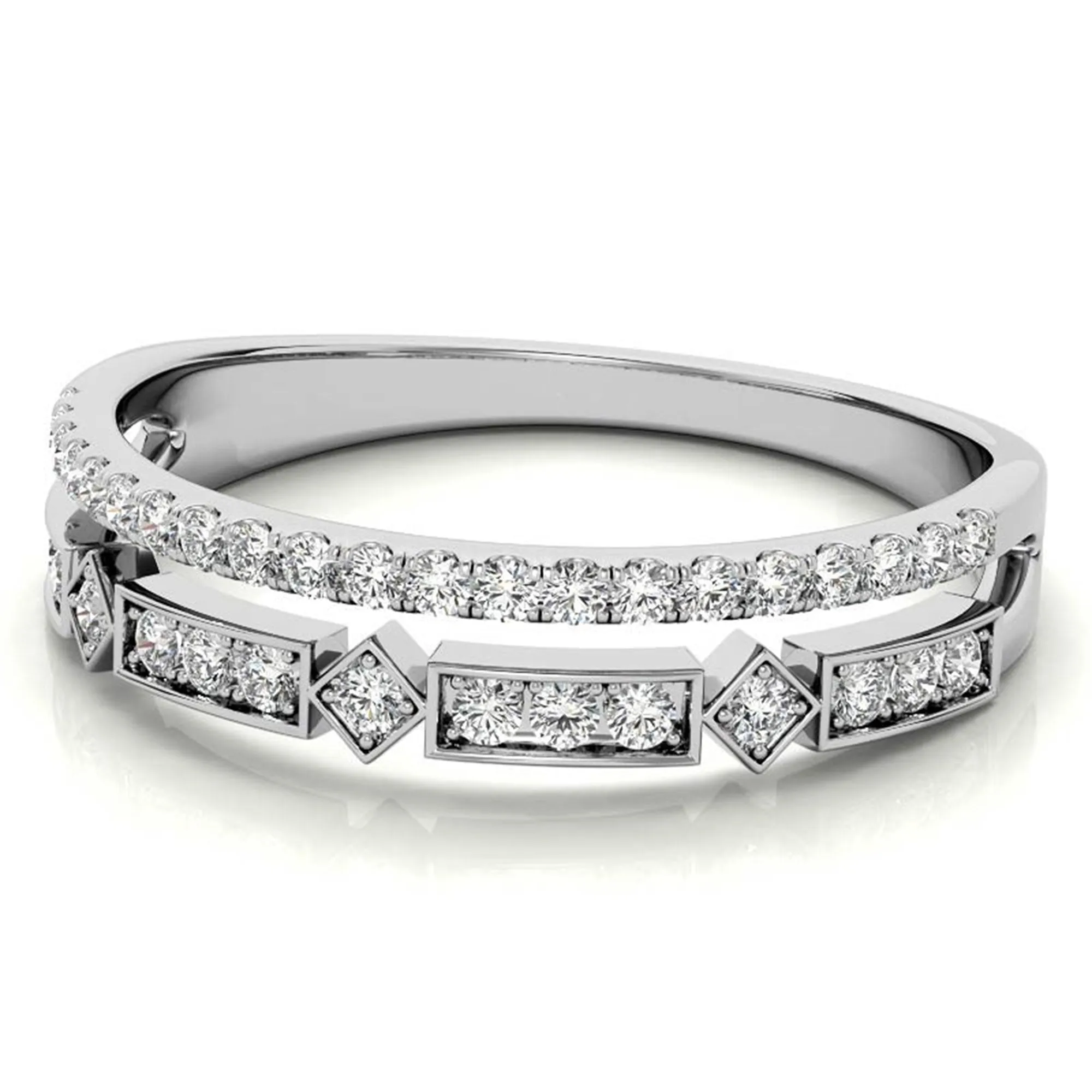 White Gold Silver Double Layered Adjustable Bezel-Set Geometric Ring For Woman