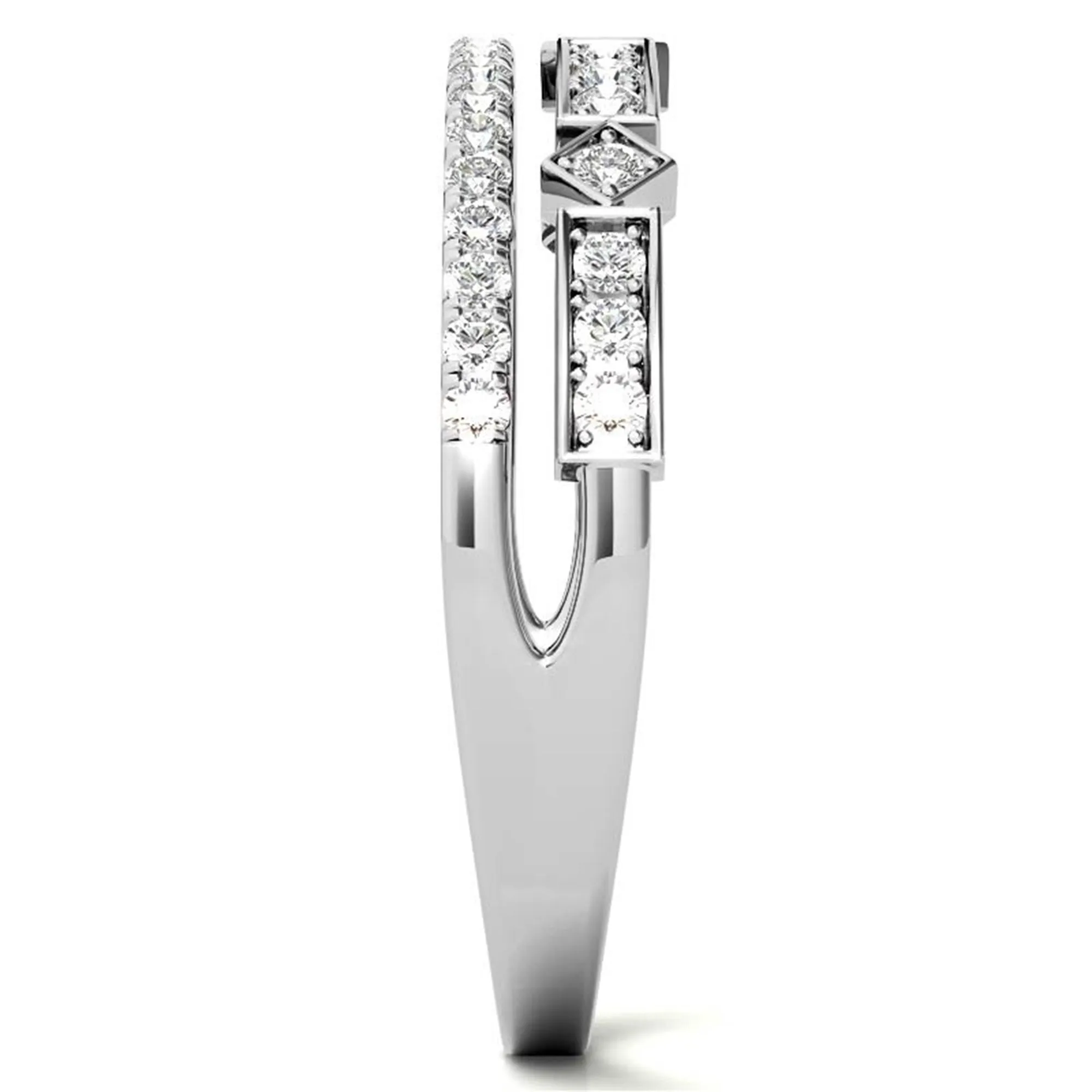White Gold Silver Double Layered Adjustable Bezel-Set Geometric Ring For Woman