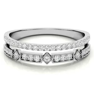 White Gold Silver Double Layered Adjustable Bezel-Set Geometric Ring For Woman