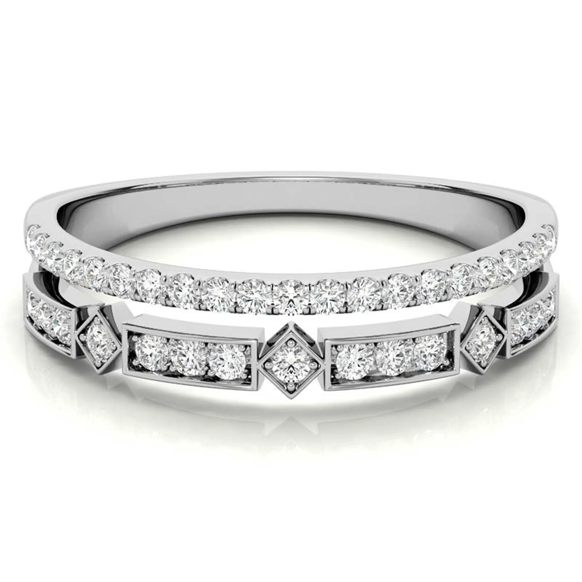 White Gold Silver Double Layered Adjustable Bezel-Set Geometric Ring For Woman