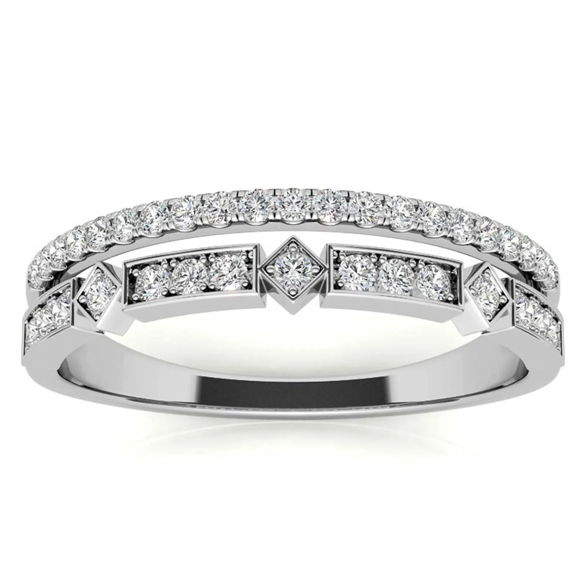 White Gold Silver Double Layered Adjustable Bezel-Set Geometric Ring For Woman