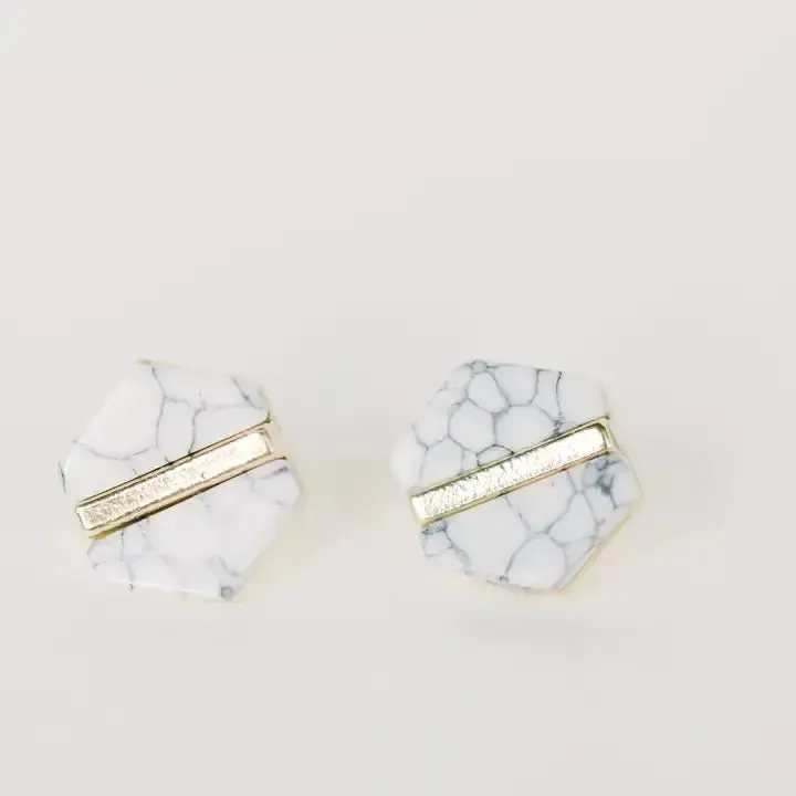 White Marble Hexagon Statement Stud Earrings