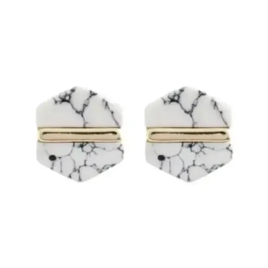 White Marble Hexagon Statement Stud Earrings