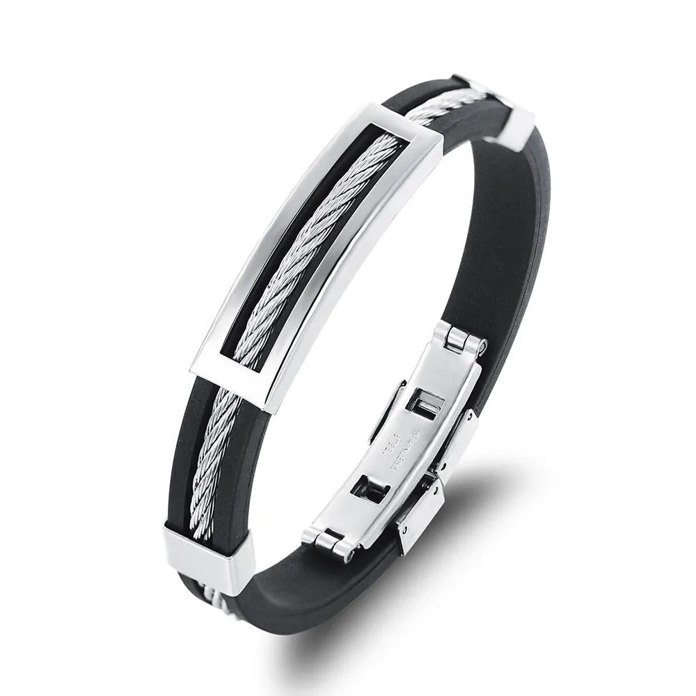 Wholesale Stainless Steel Men Jewelry Bracelets Genuine Silicone Leather Specail Button For Men Bracelet