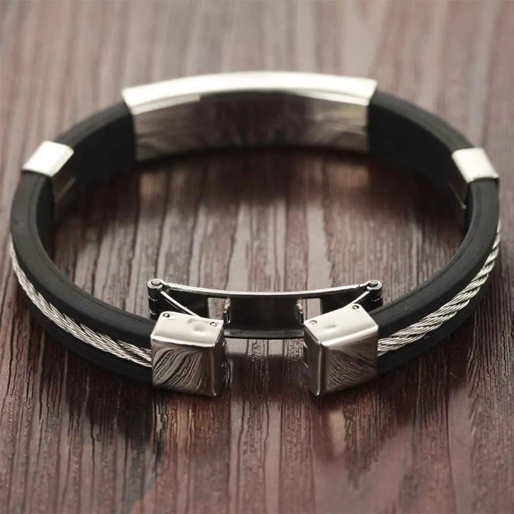 Wholesale Stainless Steel Men Jewelry Bracelets Genuine Silicone Leather Specail Button For Men Bracelet