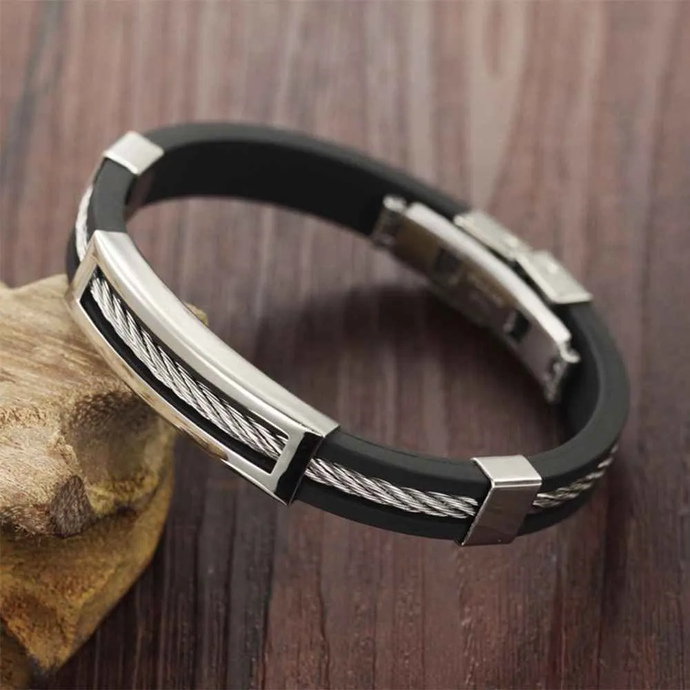 Wholesale Stainless Steel Men Jewelry Bracelets Genuine Silicone Leather Specail Button For Men Bracelet