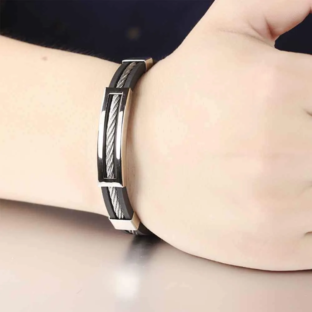 Wholesale Stainless Steel Men Jewelry Bracelets Genuine Silicone Leather Specail Button For Men Bracelet