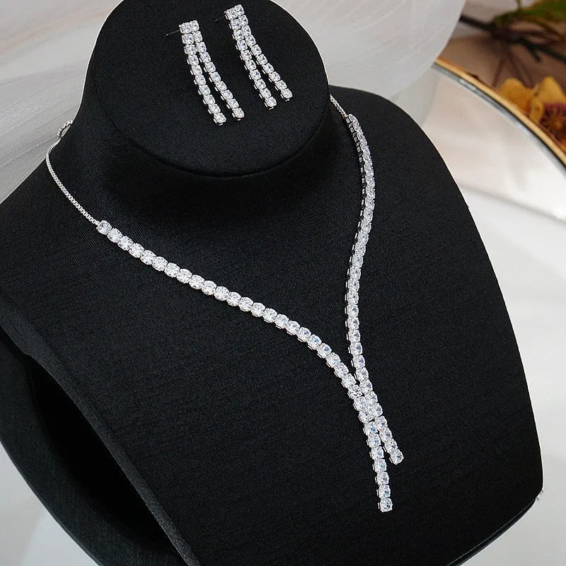 Women White Zircon Necklace Earrings for Wedding Bride Jewelry Sets