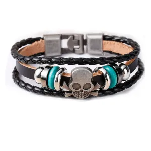 Womens and Men's Multilayer Bracelets Black Cord Metal Multicolor Skull Shape Beads With Clasp Hook