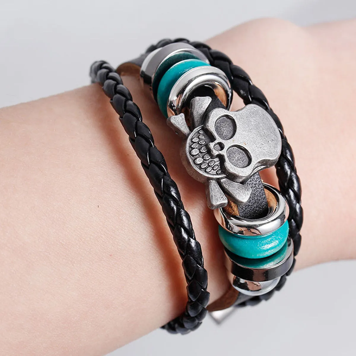 Womens and Men's Multilayer Bracelets Black Cord Metal Multicolor Skull Shape Beads With Clasp Hook