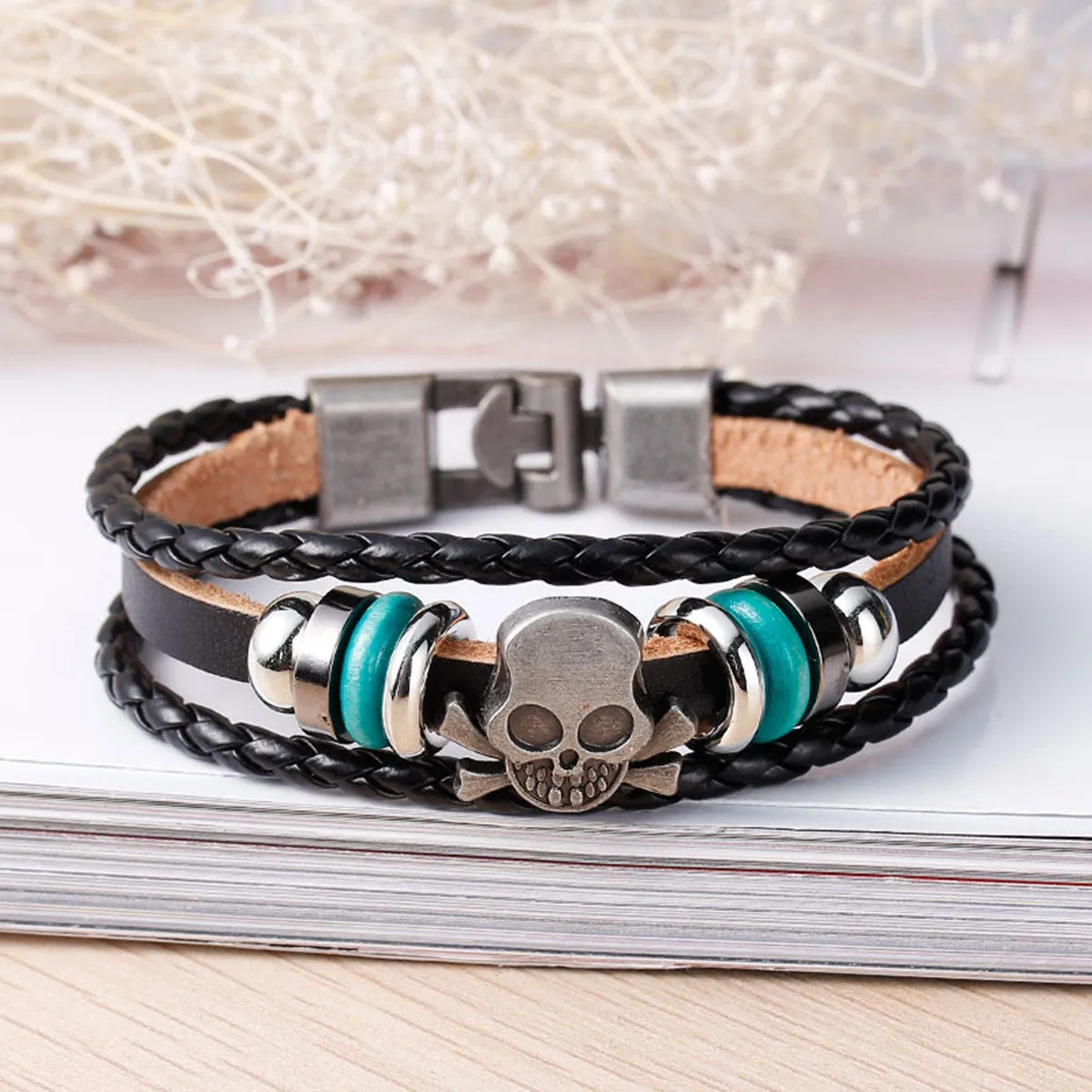 Womens and Men's Multilayer Bracelets Black Cord Metal Multicolor Skull Shape Beads With Clasp Hook