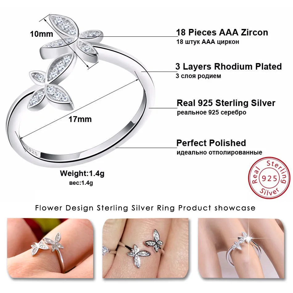 Women's Fashion 925 Sterling Silver Adjustable Flower Design Ring with Austrian Cubic Zirconia