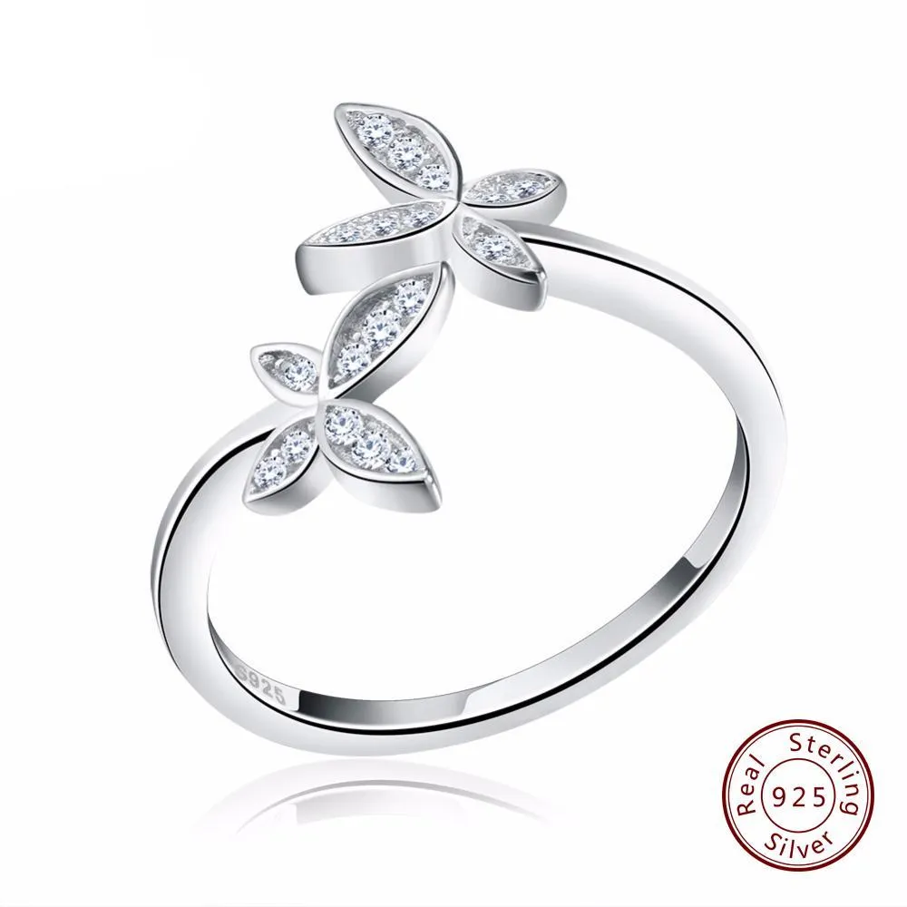 Women's Fashion 925 Sterling Silver Adjustable Flower Design Ring with Austrian Cubic Zirconia