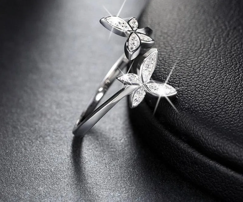 Women's Fashion 925 Sterling Silver Adjustable Flower Design Ring with Austrian Cubic Zirconia
