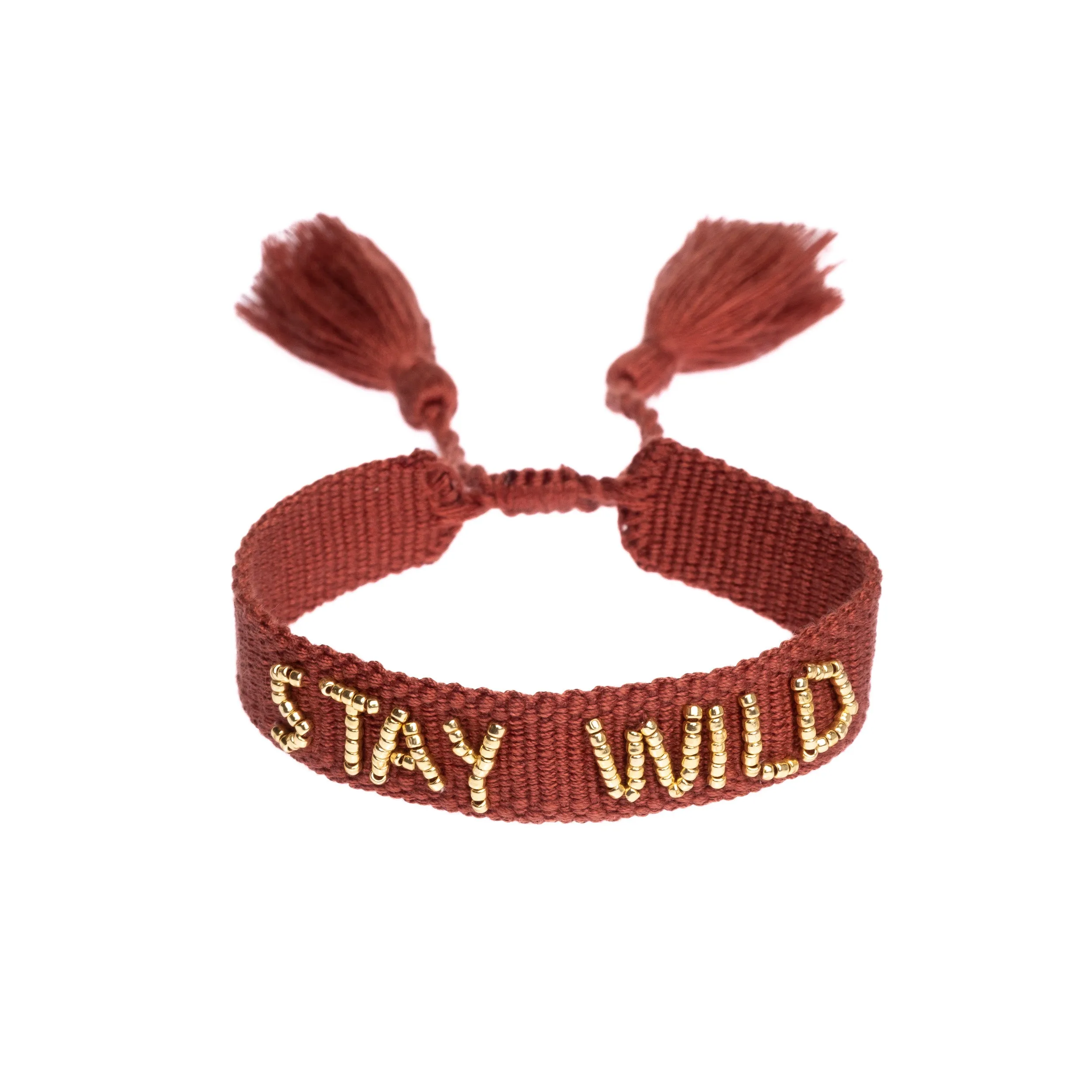 Woven Friendship Bracelet Thin W/Beaded Text "STAY WILD" MAHOGANY